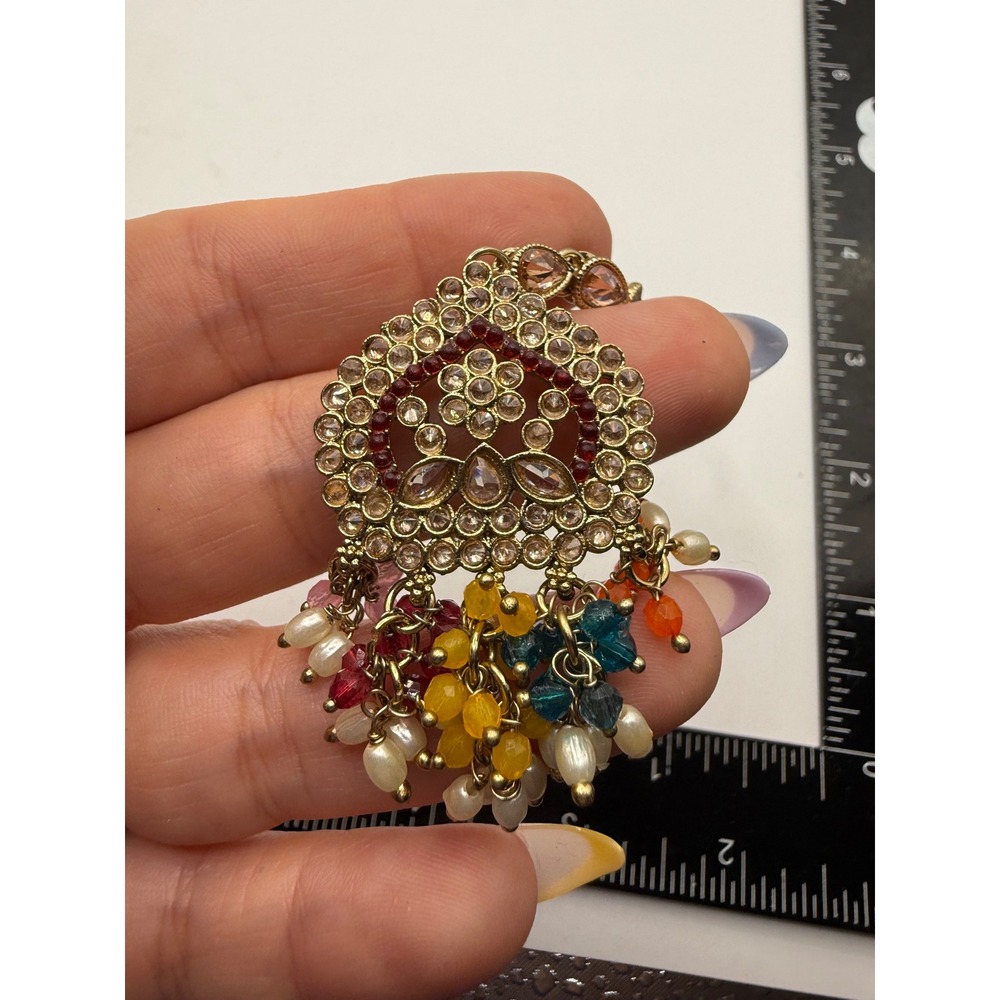 Gold Tone Maang Tikka Indian Headpiece Rhinestone Multi Color Bead Faux Pearl